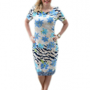 Rochie de zi masura mare, imprimeu floral de nuanta albastra
