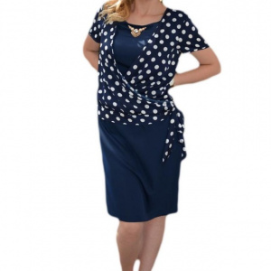 Rochie eleganta, bleumarin cu buline mari albe, aspect de costum