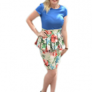Rochie eleganta, tip costumas, albastra sus si inflorata jos