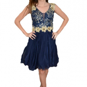 Rochie fashion din tul nuanta bleumarin cu broderie aurie