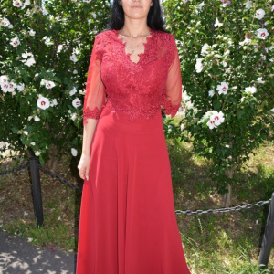 Rochie lunga de seara din voal si dantela, culoare marsala