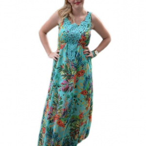 Rochie lunga de vara, turcoaz cu design multicolor si dantela