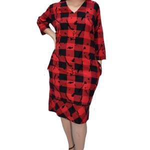 Rochie office Liena,model painted,nuanta de rosu-negru