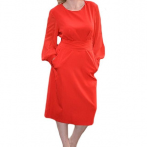 Rochie rafinata, de culoare rosu, maneca lunga, centura in talie