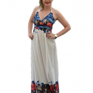 Rochie subtire de culoare alba, cu bretele care se leaga dupa gat