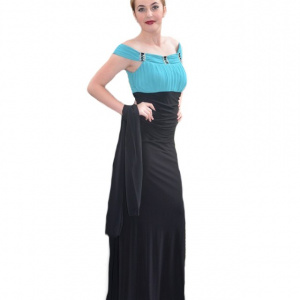 Rochie superba, cambrata, de efect la evenimente, pe negru-turcoaz