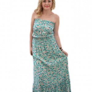 Rochie vaporoasa fara bretele, design de flori mici pe fond turcoaz