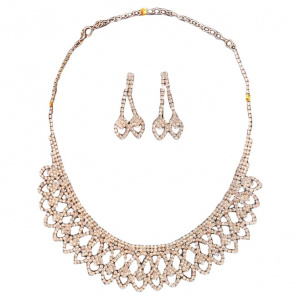 Set elegant de bijuterii cu strasuri mici in fond argintiu, auriu