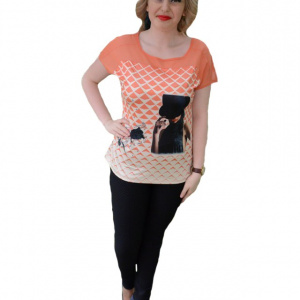 Tricou fasion de vara cu imprimeu negru pe fond portocaliu