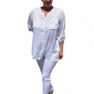 Bluza casual , alba cu nasturi si design de buzunare paietate