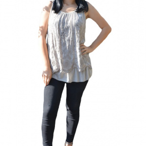 Bluza casual, kaki, fara maneca cu broderie deosebita florala