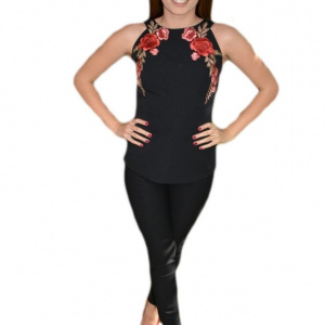 Bluza chic de ocazie, cu design de flori brodate pe fond negru