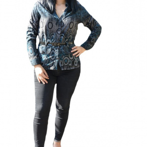 Bluza cu maneca lunga, cu curea in talie, visiniu, turcoaz-negru