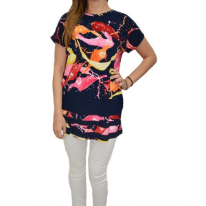 Bluza dama de zi, cu design abstract multicolor, pe fundal bleumarin