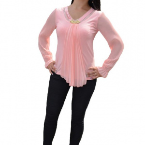 Bluza fashion cu maneca lunga si design de fronseuri, roz pudra