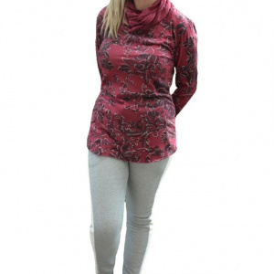 Bluza marsala cu decolteu rotund si maneca lunga, cu esarfa
