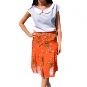 Fusta lejera, midi, nuanta de portocaliu, cu imprimeu floral multicolor