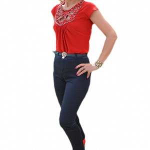 Pantalon modern, bleumarin, cu model colorat pe buzunare