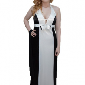 Rochie de gala bicolora, negru-alb, saten fin, bretele dupa gat