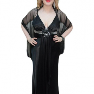 Rochie de ocazie din saten negru, cu decolteu in V, model lung