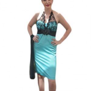 Rochie de ocazie turcoaz, din saten, cu design din dantela neagra