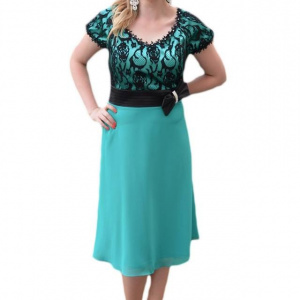 Rochie de seara midi, de culoare turcoaz, cu model din dantela