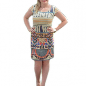 Rochie de vara cu maneci scurte si imprimeu abstract multicolor