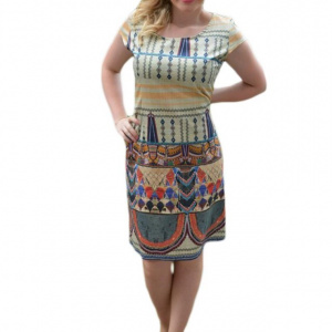 Rochie de vara, de culoare bej, cu imprimeu abstract multicolor