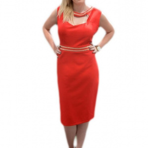 Rochie eleganta, de culoare rosie, cu design de strasuri aplicate