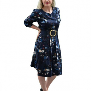 Rochie rafinata bleumarin cu margarete crem, bordo