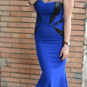 Rochie rafinata de gala, tip sirena, culoare albastra cu paiete negre