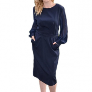 Rochie trendy de primavara, toamna, bleumarin, maneca de voal