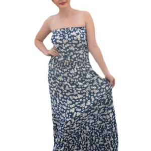 Rochie vaporoasa de vara, model lung, culoare bleumarin cu alb