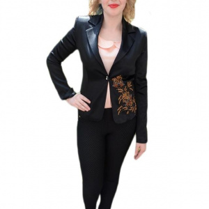 Sacou elegant, material satinat, insertii din margele, negru