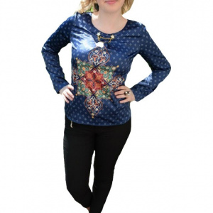 Bluza de culoare bleumarin din material cu model si aspect satinat