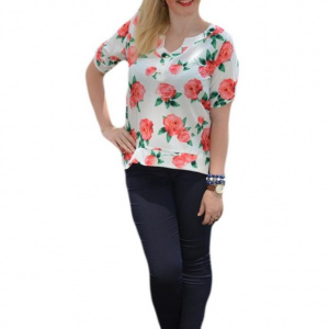 Bluza deosebita de primavara-vara, alba cu design floral corai