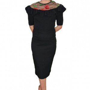 Bluza eleganta cu talie scurta, neagra, cu insertie de tul brodat