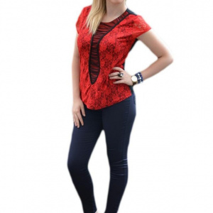 Bluza feminina cu aspect elegant din dantela rosie si tul negru