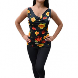 Bluza lejera de culoare neagra cu design de flori viu colorate