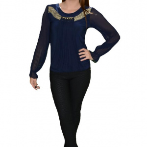 Bluza moderna de ocazie, culoare bleumarin, cu voal plisat