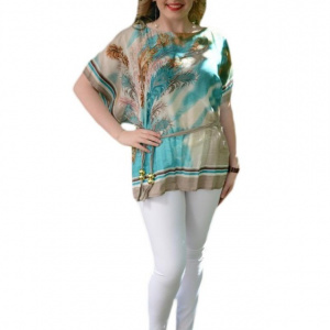 Bluza moderna, tinereasca, nuanta bej-turcoaz, cu maneci largi