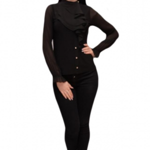Bluza trendy cu design de volane si nasturi fini, nuanta neagra