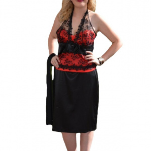 Costum elegant, doua piese, cu corset rosu din saten cu dantela