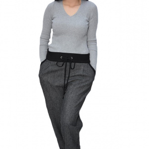 Pantalon casual Eve din stofa cu dunga neagra in talie,gri inchis