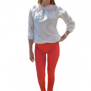 Pantalon comod din material elastic, rosu, cu model de buline