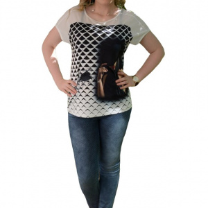 Pantalon in tendinte, culoare bleumarin, cu design de buline albe