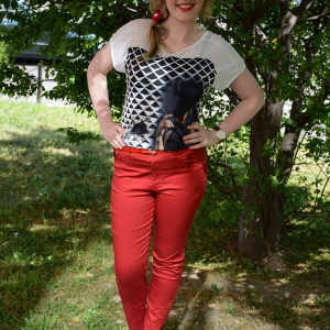 Pantalon lung de vara, rosu, material usor elastic, talie medie