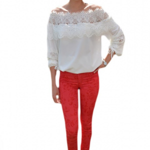 Pantalon tineresc cu design floral pe fond rosu, model lung