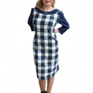 Rochie casual cu design de carouri mari, bleumarin combinat cu alb