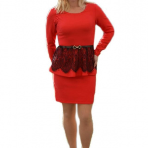 Rochie chic de culoare rosie cu insertie de dantela neagra in talie